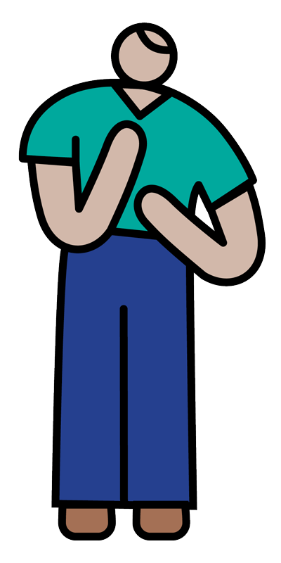 Illustrated graphic of a man with light skin tone and short light hair, wearing a teal shirt and blue pants.