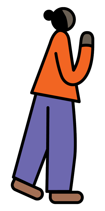 Graphic illustration of a woman with dark skin tone, dark hair pulled into a bun, and wearing an orange top and purple pants.