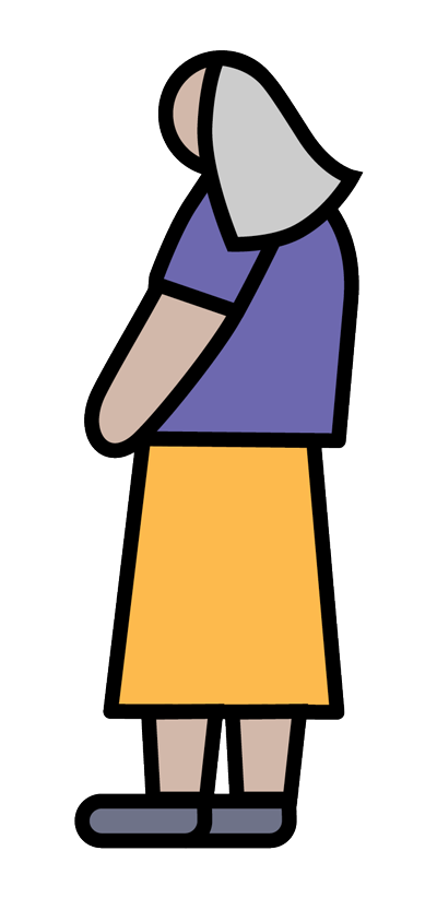 Graphic illustration of a woman with light skin tone and long, straight gray hair, and wearing a purple top and a long yellow skirt.