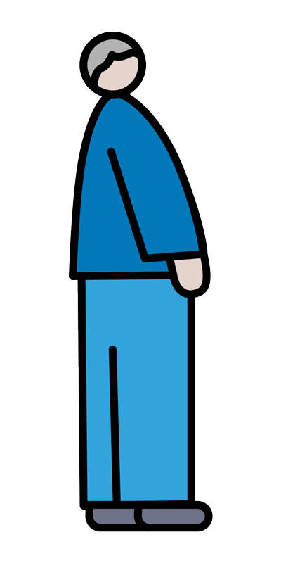 Illustrated graphic of a man with light skin tone and short gray hair, wearing a dark blue shirt and lighter blue pants.
