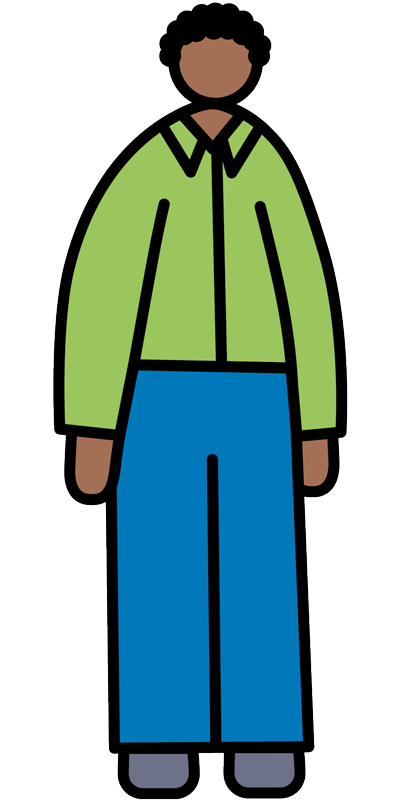 Graphic illustration of a male with dark skin and dark curly hair wearing a green shirt and blue pants.