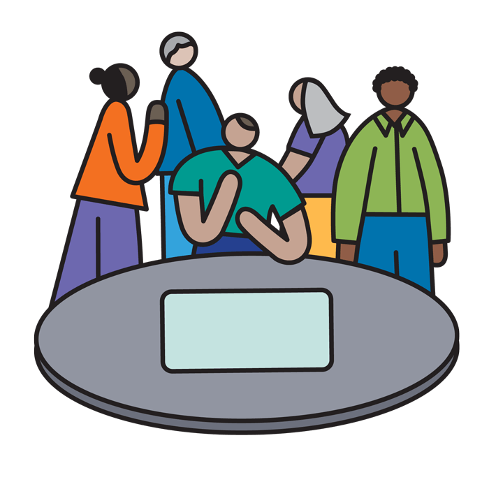 Illustrated graphic of five people of various skin tones standing and sitting near a round table.