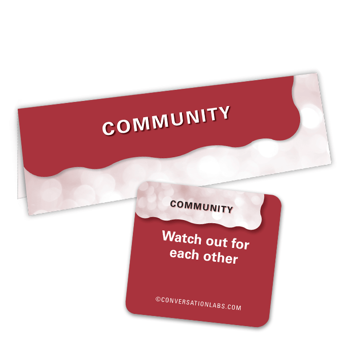 Graphic illustration of two arena cards with text printed on them, one that says Community, and the other that says Community - Watch out for each other.