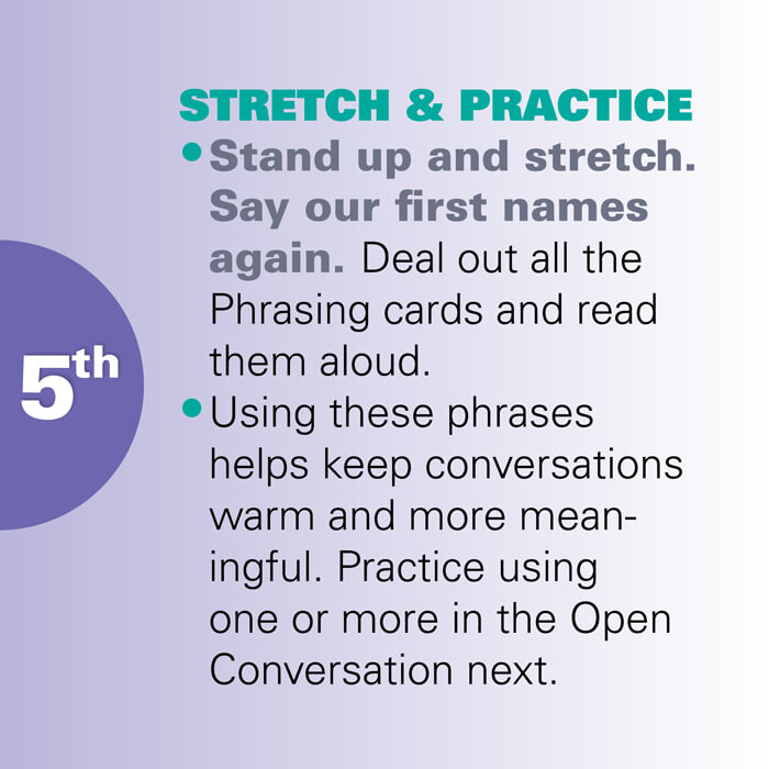 Graphic illustration of the text on a purple background for the fifth step called Stretch and Practice on the Directions Cube.