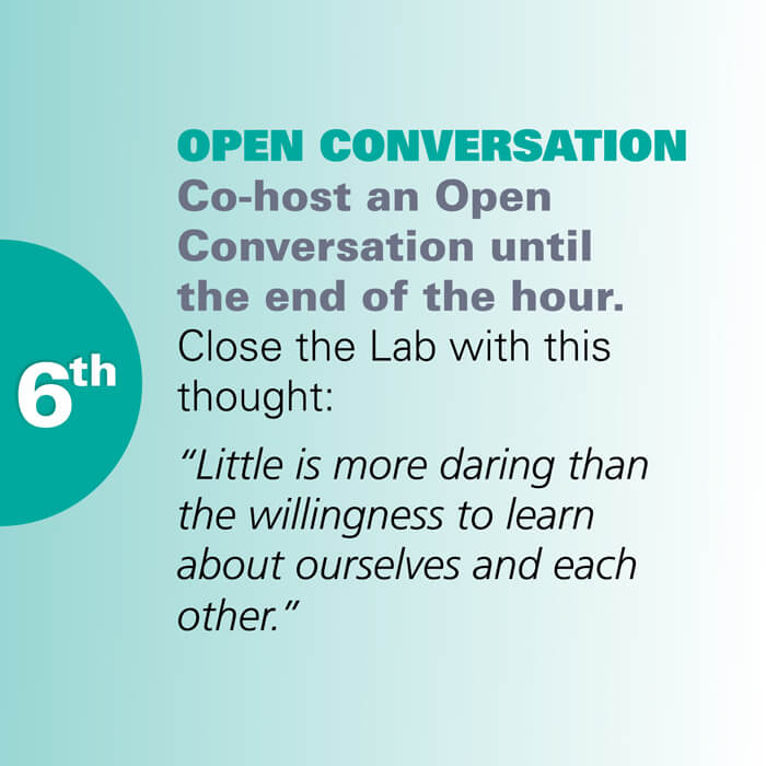 Graphic illustration of the text on a teal background for the sixth step called Open Conversation on the Directions Cube.