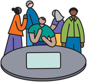 Graphic line illustration of four people standing together around a table and one person is seated.