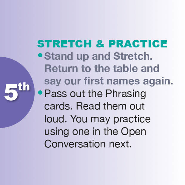 Graphic illustration of the text on a purple background for the fifth step called Stretch and Practice on the Directions Cube.