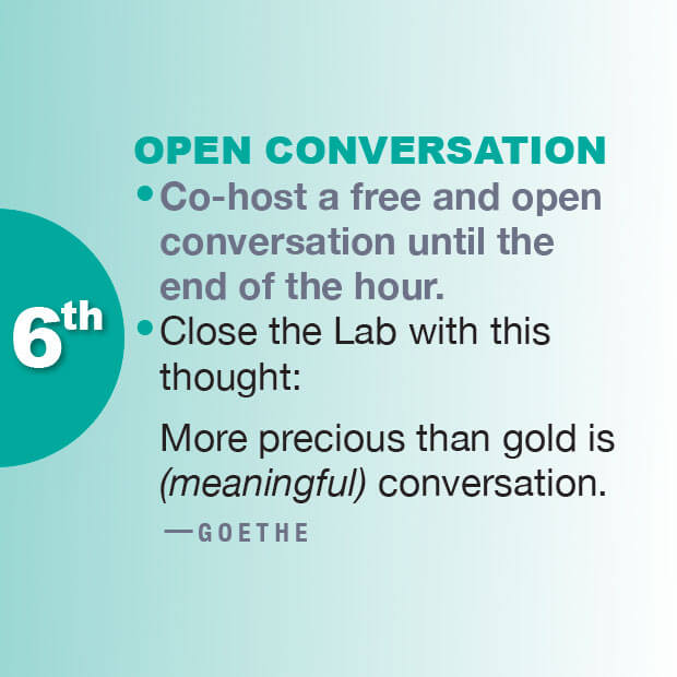 Graphic illustration of the text on a teal background for the sixth step called Open Conversation on the Directions Cube.